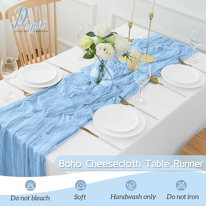 16Pack Baby Blue Table Runner 10FT Light Blue Cheesecloth Table Runner 35x120Inch Long Boho Gauze Cheese Cloth Table Runners Rustic Sheer Table Runners for Wedding Baby Shower Bridal Shower Decor