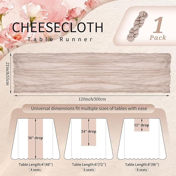 1 Pack Cheesecloth Table Runner 10FT Rosy Brown Table Runner Boho Gauze Cheese Cloth Table Runners Long Rustic Sheer Table Decorations for Wedding Party Baby Bridal Shower Birthday Holiday Home