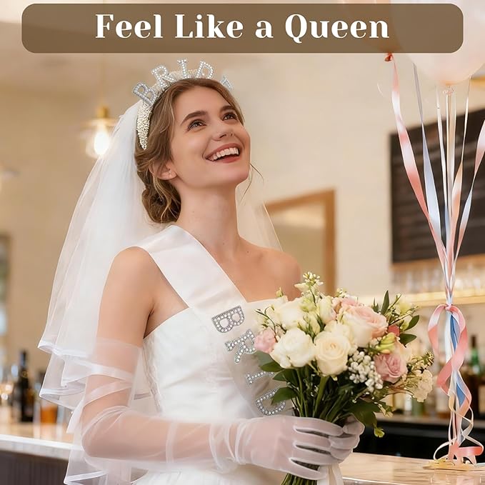 Bachelorette Party Accessories Set for Bride - 9 Pcs Premium Bridal Veil, Pearl Headband, Sash & Gloves | Complete Bridal Shower Kit for Wedding & Despedida de Soltera