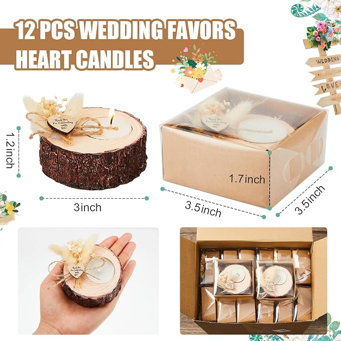 12 Pcs Wedding Candle Favors for Guests - Bridal Shower Wood Memorial Tealight Candle Holder Rustic Souvenirs Wedding Guest Gifts Party Decorations