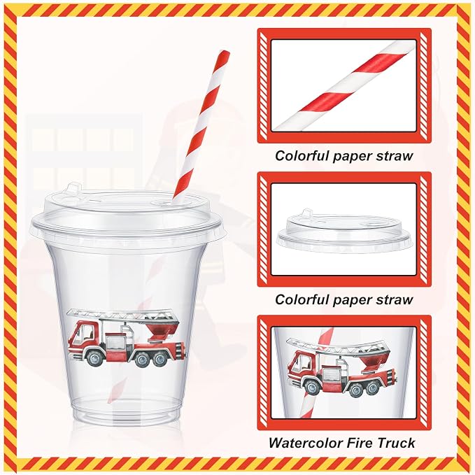 Qinyoung 60 Pcs Watercolor Fire Truck Party Cups with Lids and Paper Straws 14 oz Disposable Clear Plastic Cups for Firefighter Birthday Party Favor Supplies Decorations