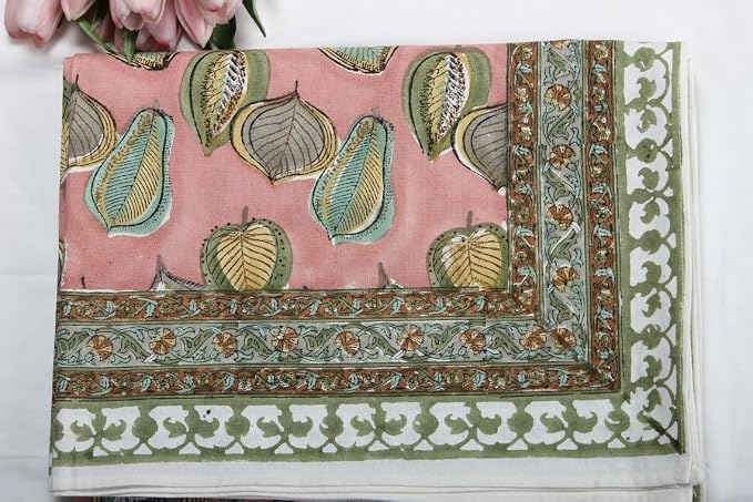 Ridhi Salmon Pink Hand Block Print Cotton Rectangle Tablecloth 160" x 72" inches Reusable Table Cover Decorative Everyday Use for Dining Room, Farmhouse, Home Gift for Spring, Mother's Day