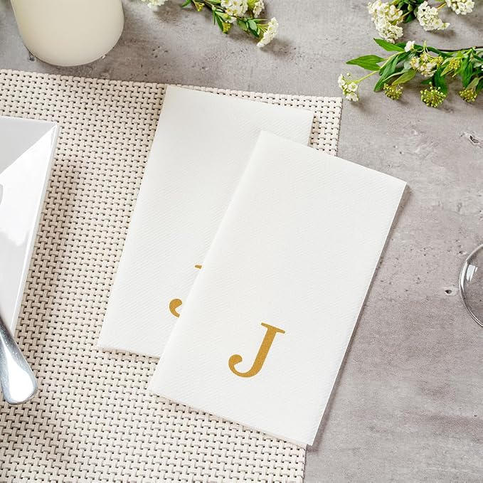 Luxenap 15.8 X 7.9 Inch Linen-Feel Guest Towels, 2000 Lettered Hand Towels - Gold Letter 'J', Sans Serif Font, White Paper Dinner Napkins, airlaid, For Restrooms And Tables