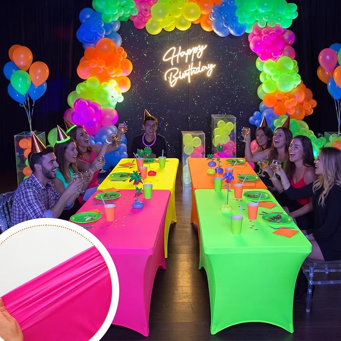 Frienda 4 Pcs Neon Color Tablecloth Stretch Spandex 71 x 30'' Neon Color Table Cloth Rectangle Table Cover for Birthday Banquet Picnic Holiday Party Decorations
