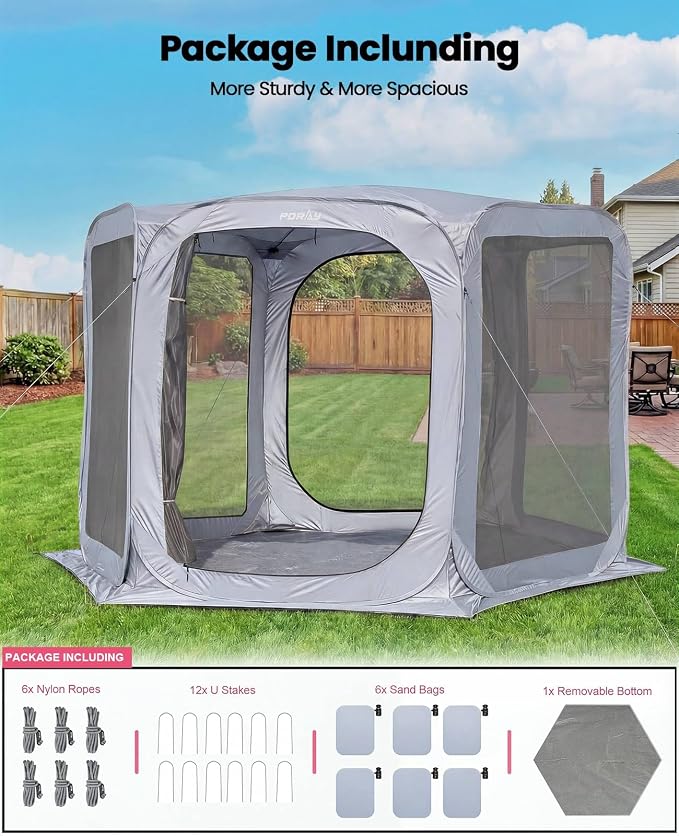 Porayhut Pop up Screen House Tent Sun Shelter with Breathable Mesh Doors,Portable Camping Tent with Detachable Waterproof Floor,10x10FT Screen Canopy Outdoor for Family Friends Party in Backyard,Park
