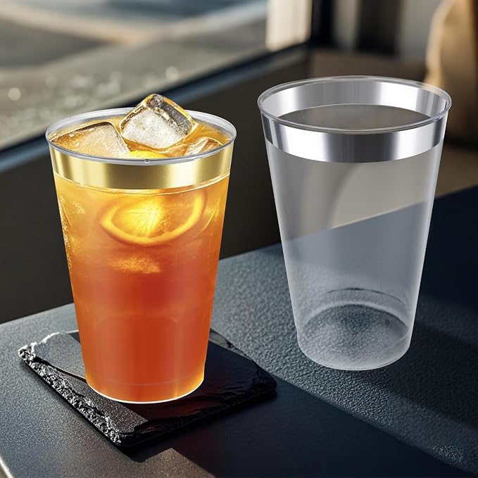 Byvivace 12oz Clear Plastic Cups with Gold Rimmed Sturdy & Food Safe Disposable Wine Glasses Wedding Cups Party Cups Plastic Cocktail Glasses for Wine, Juice, Cocktails and Cold Beverages [100 Pack]