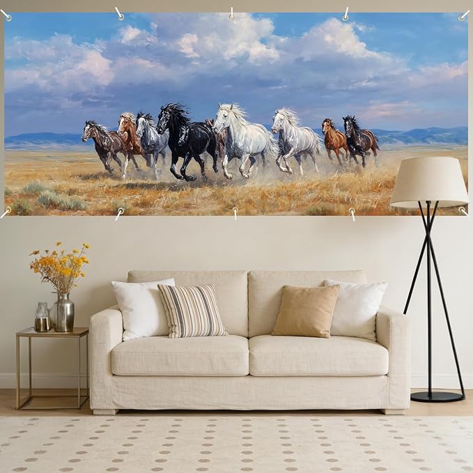 Wild Horse Garage Door Banner Cover 7x16FT Waterproof –Western Running Horses Painting Backdrop,Outdoor Decor for Cowboy Party,Western Theme Birthday,Wild West Events & Photo Booth