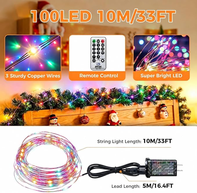 btfarm Fairy Lights Plug in with Remote, 33FT 100 LED Outdoor Twinkle Lights Waterproof with Timer, 8 Modes Indoor String Lights for Bedroom Patio Garden Wedding Christmas Decoration, Multicolor