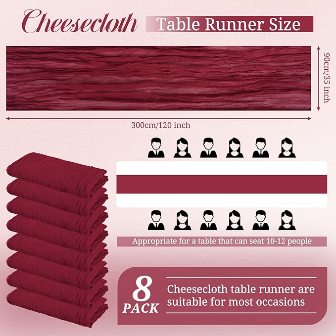 8 Pack Cheesecloth Boho Gauze 35120 Inch Rustic Romantic Long Table Runner for Wedding Party Bridal Shower Thanksgiving Christmas Decoration (Burgundy)