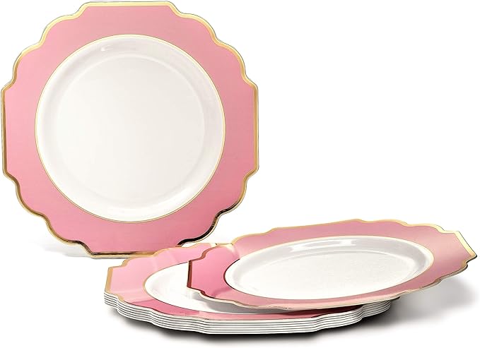 OCCASIONS Rose Gold Plastic Plates, 50 Pack for 25 Guests - Disposable Dinner & Dessert Plate Set, 25x10.5" + 25x8", Heavyweight Premium, BPA-Free (Imperial in Rose Pink & Gold)