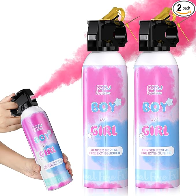 POPUPARTY Pink Gender Reveal Fire Extinguisher 2 Packs, Gender Reveal Smoke Bombs with 100% Biodegradable for Baby Girl Gender Reveal Decorations, Party Supplies