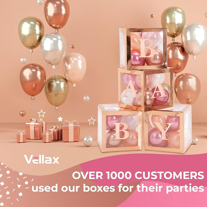 44-Piece Baby Shower Decorations for Boy or Girl - 4 Boxes with Letters and 32 Balloons - Elegant Rose Gold - Gender Reveal Party Supplies - Photo Shoot Backdrop and Nursery Décor
