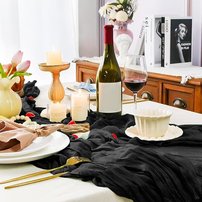 Pesonlook 12 Pack Black Cheesecloth Table Runner, 10FT Cheesecloth Rustic Boho Table Runner Long Romantic Semi Sheer Table Runner for Wedding Birthday Bridal Shower Party Decorations(21.5×120 Inch)