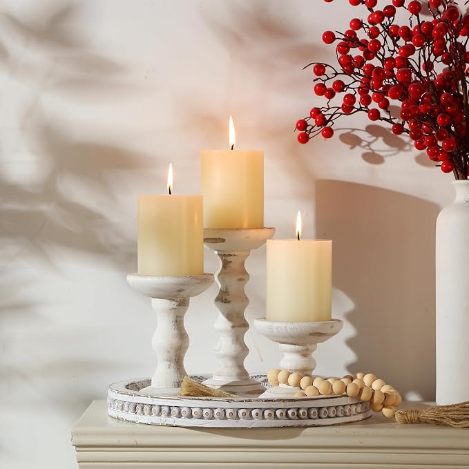 Reallnaive 8 Pcs Farmhouse Wood Candle Holders with Pillar Candles Set Wooden Rustic Candle Holders Round Decorative Serving Tray Bead Garland with Natural Wood Tassels for Table Centerpiece(White)