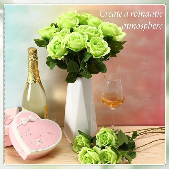 Hotop 20 Pcs Artificial Rose Flowers with Long Stem, Real Lifelike Silk Realistic Plastic Bouquet Roses Bulk for Home Decor Bridal Wedding Party Table Centerpieces Decorations(Green)