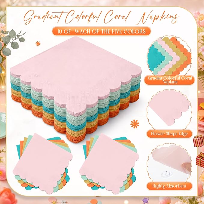 Zhehao 150 Pcs Colorful Coral Plates and Napkins Tableware Serves 50 Includes 9 Inch 7 Inch Rainbow Scalloped Wave Edges Paper Plate and Napkins for Wedding Birthday Baby Shower Party