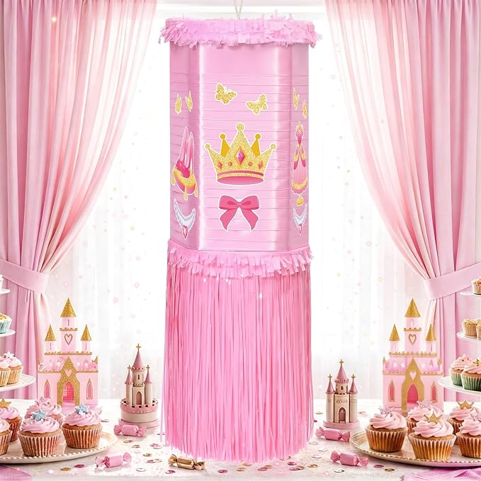 WERNNSAI Princess Spinning Piñata - Spinning Piñata with Pull String, DIY Stickers, Girl Piñata for Princess Birthday Party Decorations Summer Party Carnivals Games Supplies (13" x 7.9" x 7.9")