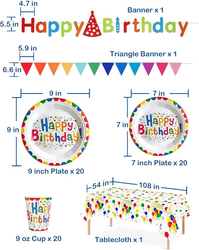 ElZGunara 63Pcs Birthday Party Supplies Set - Includes Plates, Cups, Waterproof Tablecloth，Happy Birthday Banner, Bunting Banner，Colorful Decorations for Boys Girls Serves 20