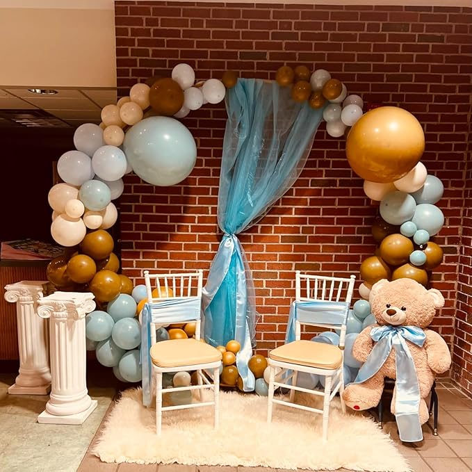 Double Stuffed Dusty Blue Brown Balloon Arch Kit, Neutral Balloon Garland Pastel Baby Blue Dark Brown White Sand Beige Tan Latex Balloons for Boys Baby Shower Teddy Bear Birthday Party Decorations