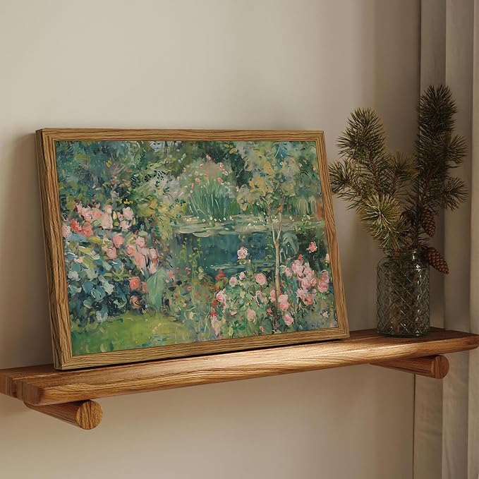 Framed Vintage Floral Landscape Canvas Wall Art, Rose Garden Pond Wall Decor Paintings, Rustic Cottagecore Nature Plant Pictures Prints Aesthetic Home Decor for Living Room Bedroom Bathroom 16x24 inch