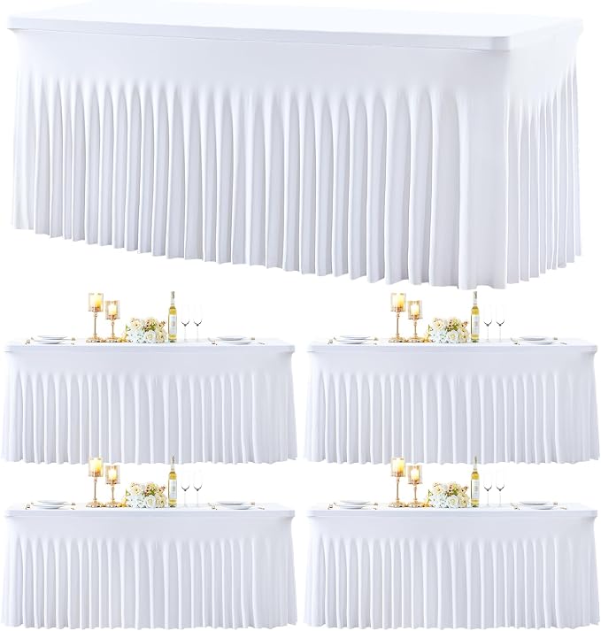 gogoparti 4 Pack Spandex White Fitted Table Cloth for 8ft Rectangle Tables White Stretch Tablecloth Table Covers Skirt Banquet Wrinkle Free Tablecloths for Parties Wedding