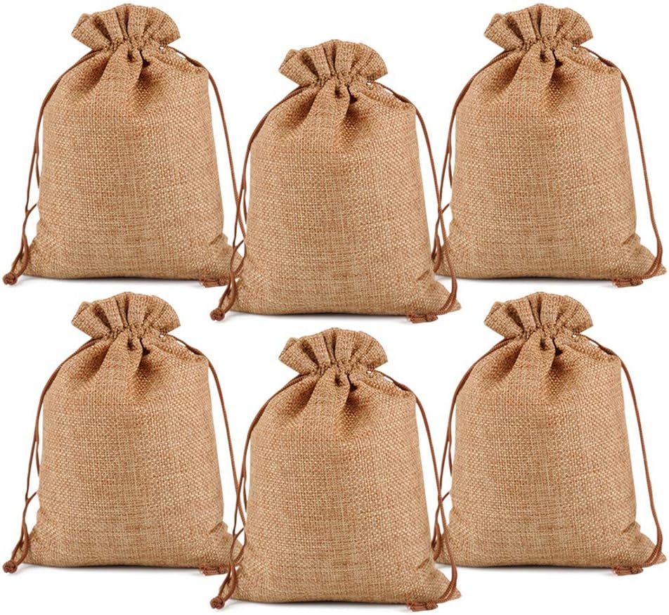 Lucky Monet 25/50/100PCS Burlap Gift Bags Wedding Hessian Jute Bags Linen Jewelry Pouches with Drawstring for Birthday, Party, Wedding Favors, Present, Art and DIY Craft (50Pcs, Coffee, 5” x 7”)