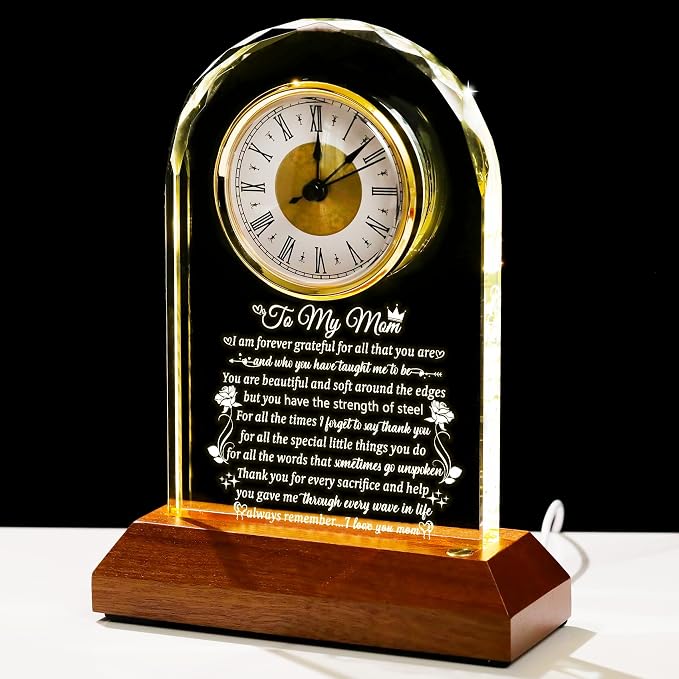 Arikyrist Glass Clock Gifts for Mom from Daughter Son with Wooden Light Base, Personalized Gift for Mom Who Has Everything on Birthday Mother's Day, Present for Mother on Christmas Home Desk Clock