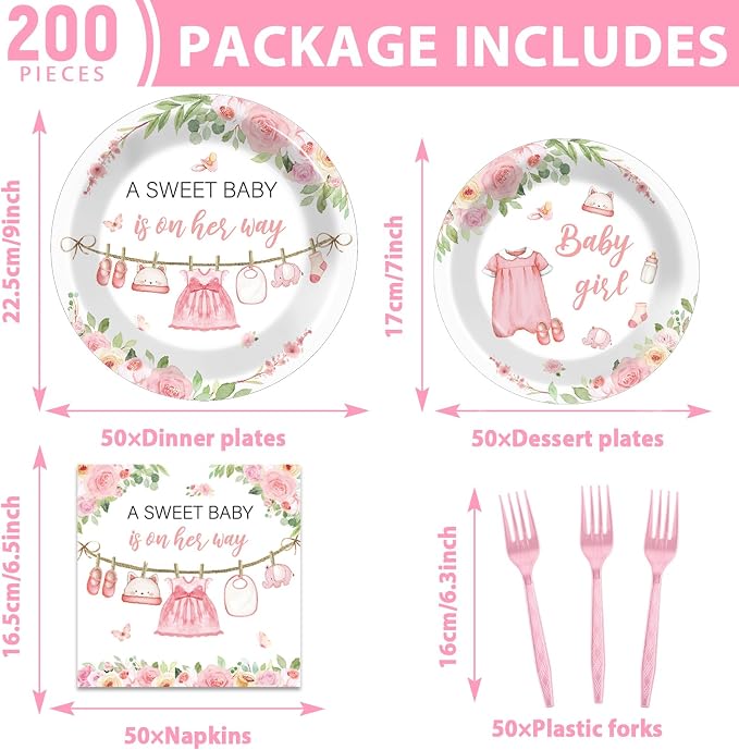 Justforjoyful 200Pcs Floral Baby Girl Shower Plates and Napkins Decoration Pink Girl Party Tableware Dinnerware Set Spring Rose Gold Paper Plates for Baby Gender Reveal Party Supplies Serves 50