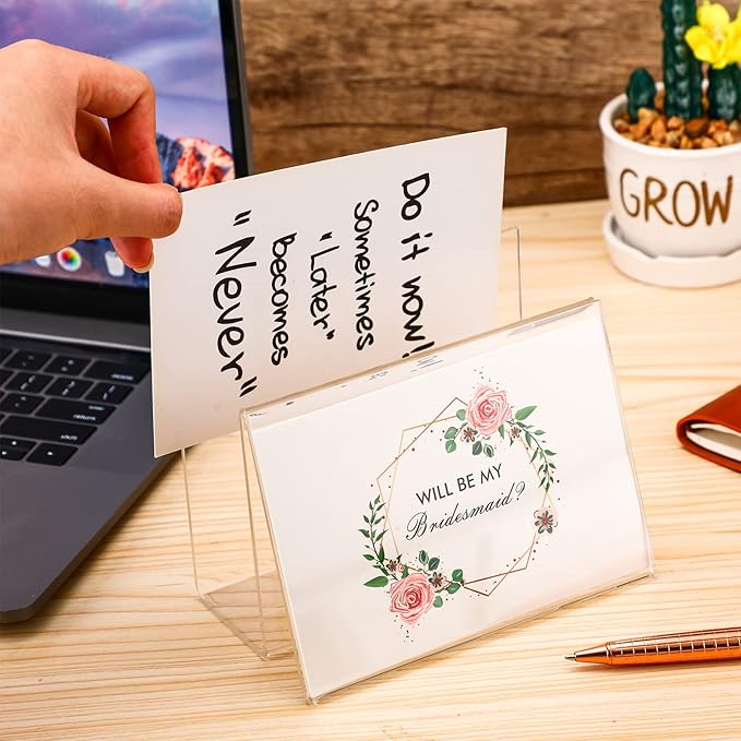 Crtiin 10 Pcs Clear Acrylic Postcard Display Holder Business Card Holder Greeting Card Display Clear Business Stand Rack for Index Organizer Desk Table Home Office, 6 x 4.25 x 4.5 Inches