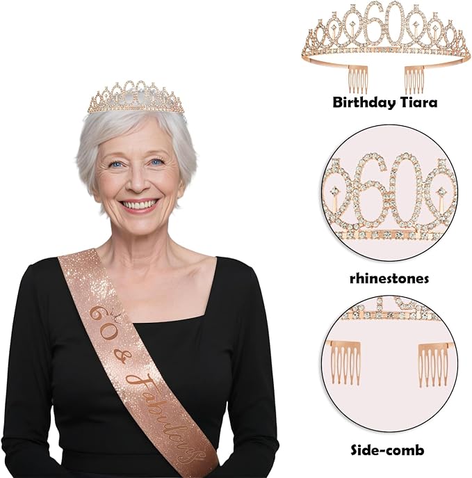 60th Birthday Decorations for Women, JKIYT Black Rose Gold Happy 60 Years Old Decor for Woman Include Sash and Crown, 30pcs Balloons Banner 40" Number Balloons, Backdrop Cake Topper & Paper Pom Poms