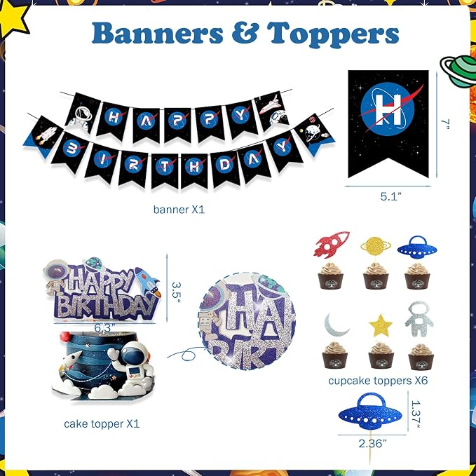 Hombae Space Birthday Party Decorations, Outer Space Galaxy Birthday Decorations Backdrop Balloon Garland Hanging Swirl Banner Tablecloth Cake Topper Solar System Planet Astronaut Rocket Blue