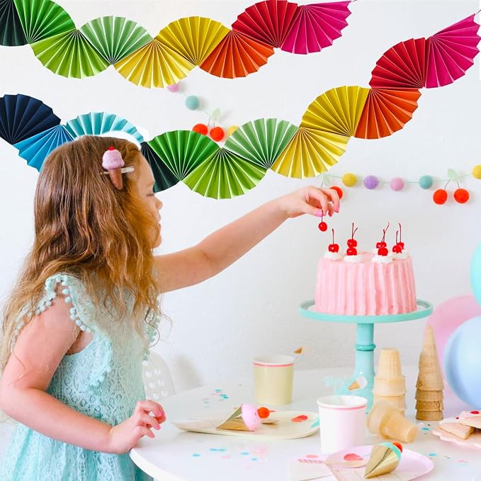 3 Pack Wedding Paper Fans Garland 15.6ft Colorful Background Ceiling Hanging Decorations Set for Birthday Party Supplies 3D Bachelorette Party Decorations (Rainbow)