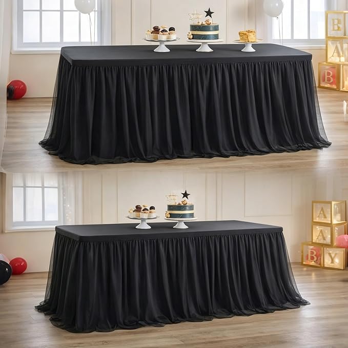 leegleri 2 pk Black Tulle Tablecloths for 6 Foot Rectangle Tables, 2-in-1 Table Covers with Tulle Skirt,Wrinkle Free Stretchy Fitted Rectangular Table Cloth 6ft for Wedding Party Banquet Vendor Decor