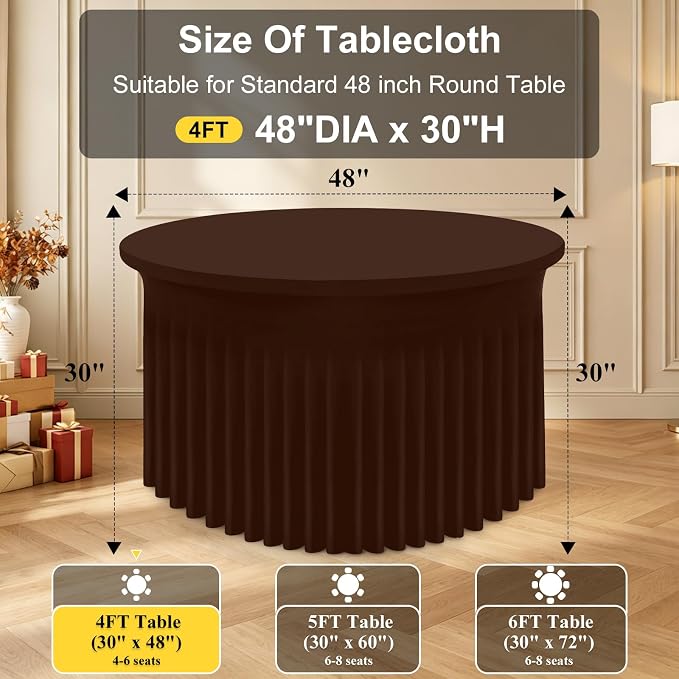 Smiry Round Spandex Tablecloth 2 Pack, Elastic Fitted Washable Tablecloths for 48 Round Tables, Waterpoof Stretch Table Cover Skirt for Outdoor, Wedding, Banquet & Parties, Coffee