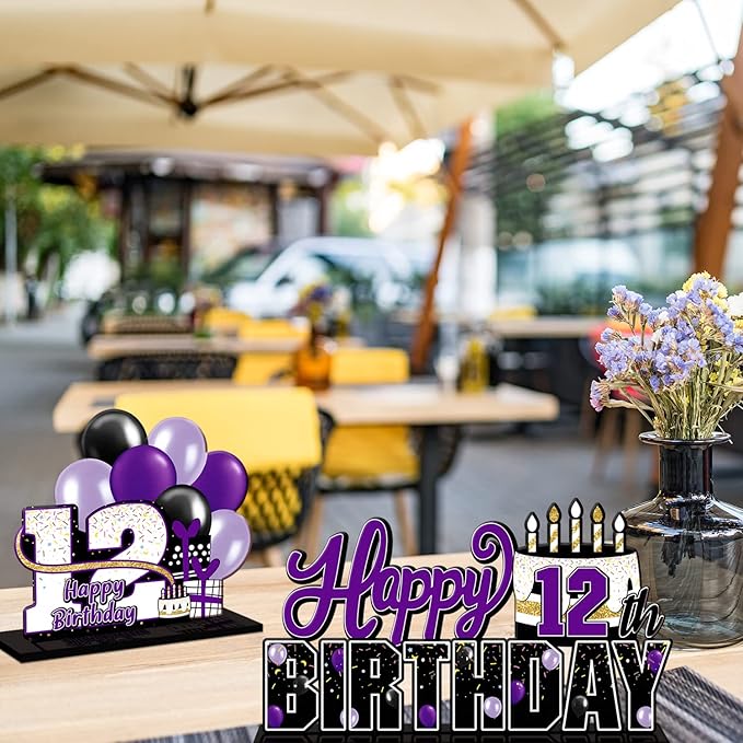 LINGTEER Happy 12th Birthday Purple Acrylic Table Topper Centerpieces Set - Cheers to Twelve Years Old Birthday 12th Bday Party Gift Decorations.