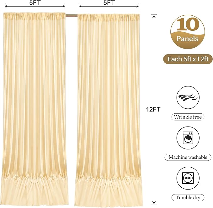 50ftx12ft Wrinkle Free Champagne Backdrop Curtain, 10 Panels 12FT Long Wedding Photo Backdrop Drapes, Silky Polyester Back Drop Cloth for Birthday Photography Background Party Backdrop Draping