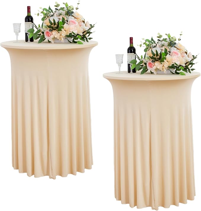 2 Pack Champagne Round High Top Cocktail Table Cloth 36×43 Inch, Wrinkle Free Stretch Spandex Cocktail Tablecloths Table Covers with Wavy Skirt for Cocktail Party Banquet Birthday Bar