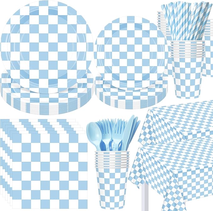 Funnymoom 452 Pcs Light Blue and White Gingham Party Supplies for 50, Blue Checkered Gingham Paper Plates Napkins Cups Tablecloth Cutlery Straws for Baby Shower Picnic Camping Birthday Decoration