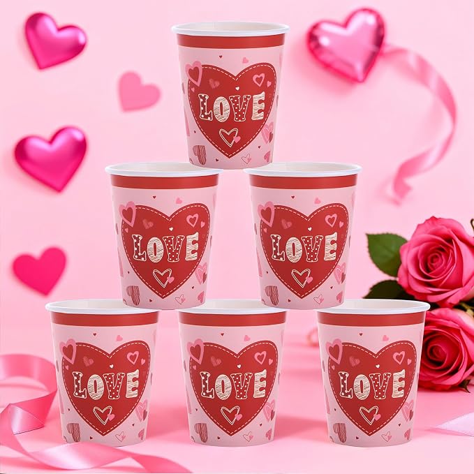 Valentine's Day Heart Love Disposable Tableware Set 194 Pcs Serves 24, Romantic Paper Plates Cups Napkins Forks Spoons Knives for Valentine’s Day Party, Wedding Reception, Anniversary Dinner Supplies