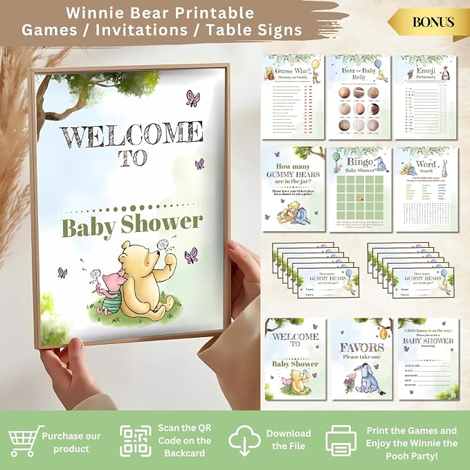 Winnie Baby Shower Decorations – the Pooh Backdrop, Balloons & Banner Kit | 2026 Family Choice Award winner - reusable Oxford-cloth backdrop (not paper), 39 balloons, banner, toppers & printable games