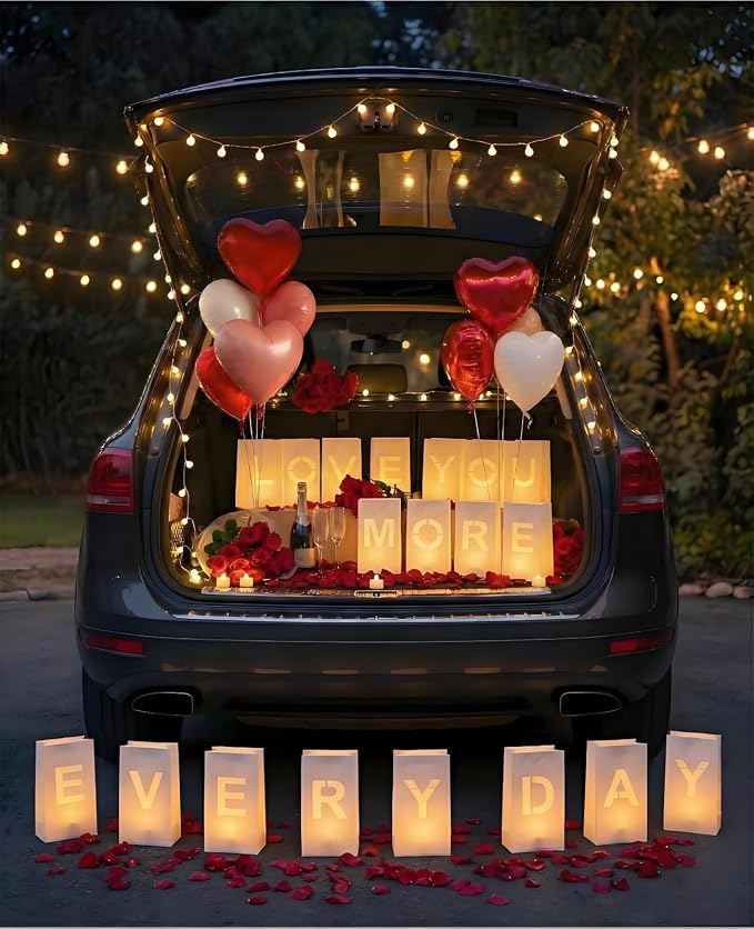 AceList Romantic Anniversary Decorations Set - Love You More Every Day 19 Pcs Luminary Bags with 40 LED Tea Lights, 2000 Rose Petals & 6 Heart Balloons - Light Up Letters Kit for Proposal