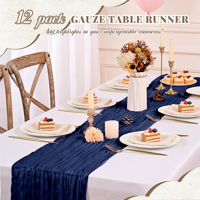 Pesonlook 12 Pack Navy Blue Cheesecloth Table Runner, Long Romantic Semi Sheer Rustic Boho Gauze Table Runners for Wedding Bridal Shower Birthday Party Decorations(17.7×108 Inch)