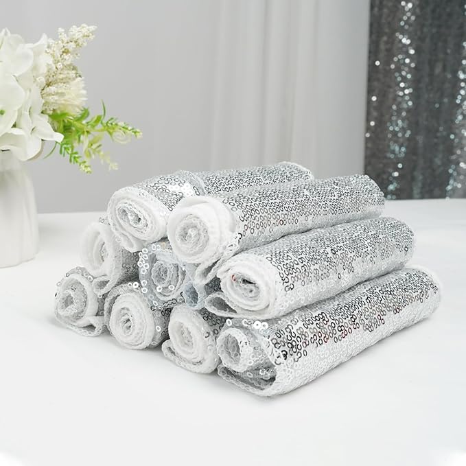 SquarPie Pack of 10 Chair Sashes Bands Silver Stretch Spandex One-Sided Sequin Bows for Wedding Party Fiesta Decor
