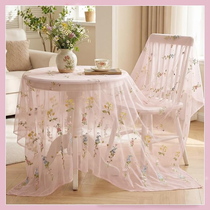 Lounsweer 3 Pcs Pink Wildflower Table Runner 10ft Embroidery Tulle Spring Floral Table Runner Seasonal Summer Butterfly Kitchen Dining Gauze Decoration for Wedding Baby Shower Birthday Party