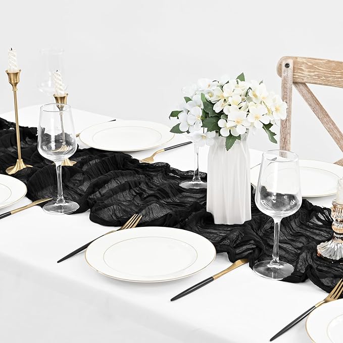 20 Pack Black Cheesecloth Table Runner 20 x 120 inch Boho Gauze Cheese Cloth Table Runner Vintage Rustic Romantic Sheer Runners for Wedding Bridal Shower Birthday Party Cake Table Decorations