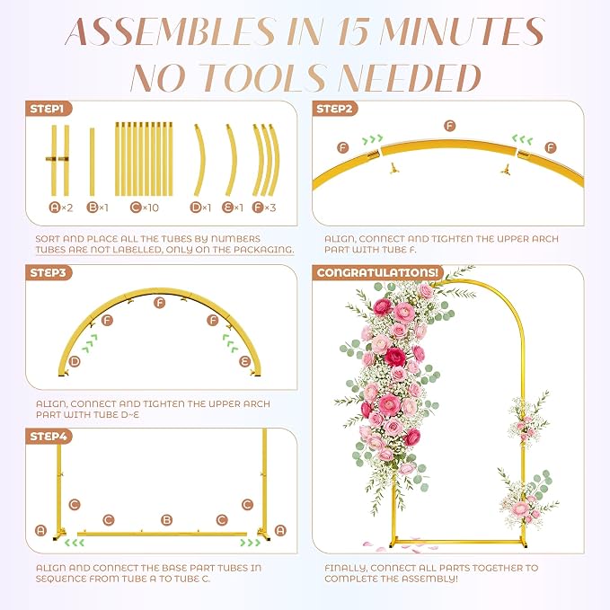 Toolterritary 6.6 FT Wedding Arch Backdrop Stand, Stable Heavy Duty Metal Wedding Arch Frame for Ceremony, Reinforced Balloon Arch Stand for Birthday Party & Baby Shower, Gold