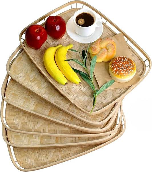 PEMAR Set of 6 Bamboo Wicker Serving Trays for Foods and Drinks, Rectangular Lap Trays for Breakfast. Decorative Bamboo Wood Basket Trays for Coffee Table, Picnic, Bed Eating, Natural