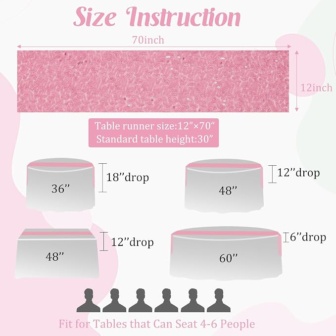 6 Pack Pink Valentine's Day Sequin Table Runner Table Cloths 12" x 70" Sparkle Table Runner for Baby Bridal Shower Wedding Birthday Party Table Decor (Pink)