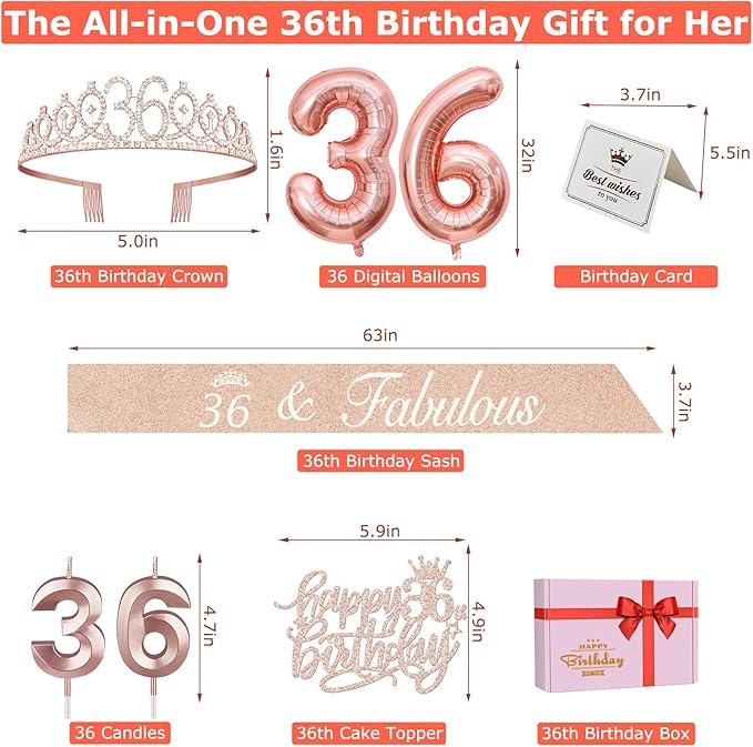 36th Birthday Decorations for Women, Including 36th Birthday Sash and Tiara, Cake Topper and Candles, Number Balloons, 36 Year Old Gifts for Women