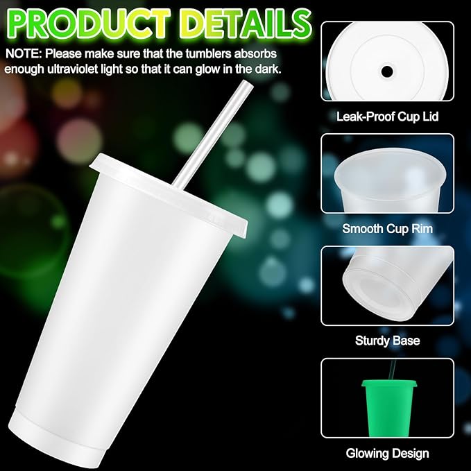 Honeydak 15 Pack 24 oz Glow in The Dark Cups Gift Bulk Light up Neon Plastic Tumbler with Straw and Lid Glow in The Dark Party Supplies Water Bottle Iced Coffee Mug Reusable(Fluorescent Green)